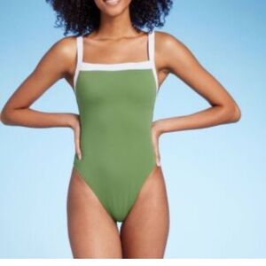 Small Shade & Shore Green White Contrast High Leg One Piece Swimsuit New